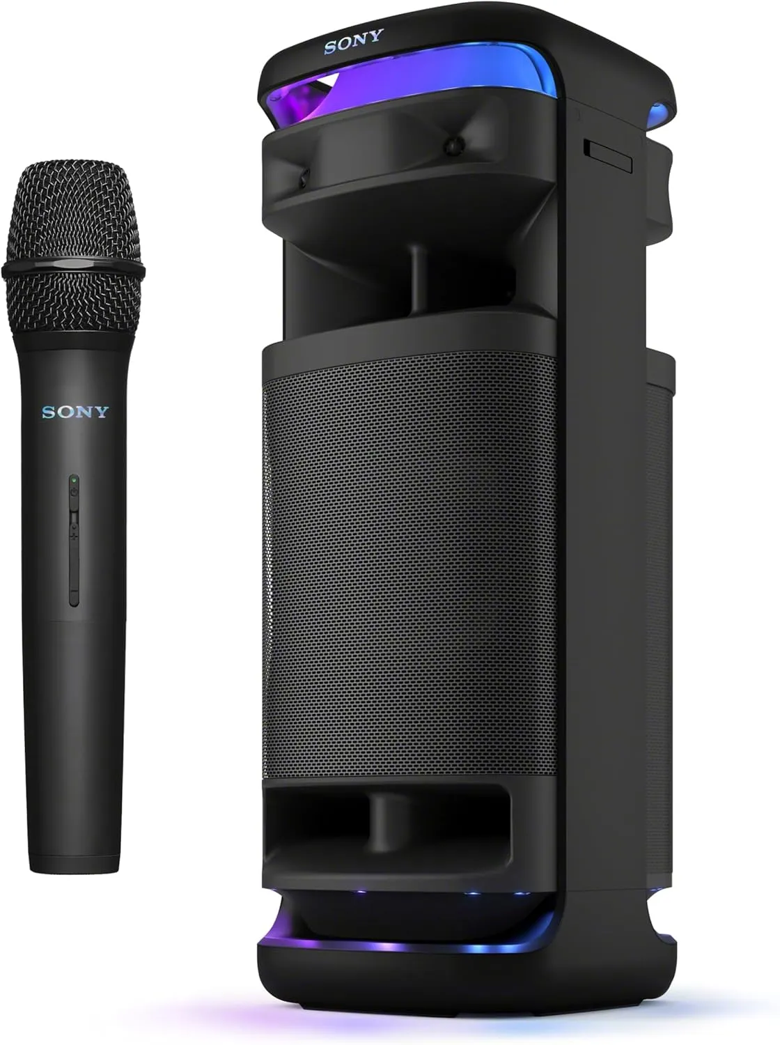 Bocina Sony ULT Tower 10 negra con luces encendidas junto a su micrófono inalámbrico